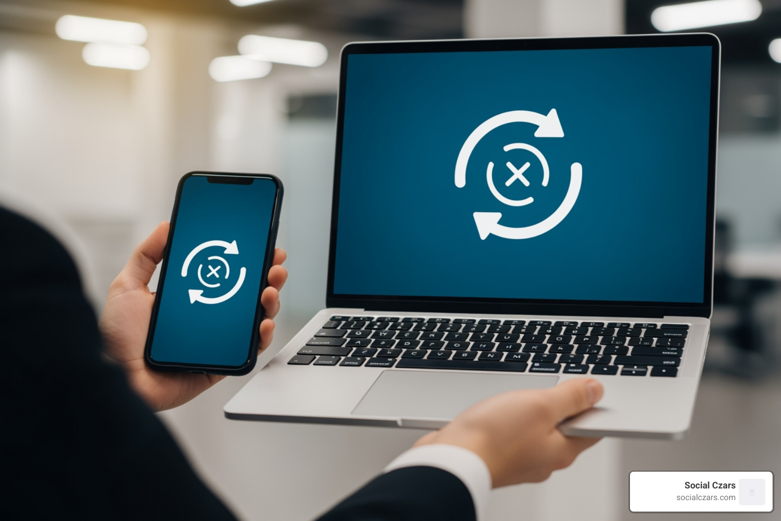 person holding a smartphone and a laptop with a "wipe" icon on screen - remove personal information