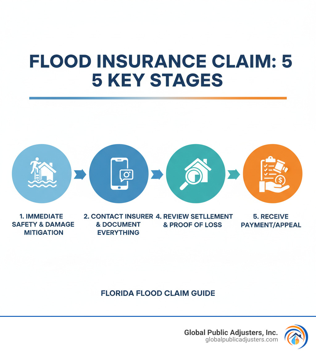 Infographic detailing the 5 key stages of a flood insurance claim: 1. Immediate Safety & Damage Mitigation, 2. Contact Insurer & Document Everything, 3. Adjuster Inspection, 4. Review Settlement & Proof of Loss, 5. Receive Payment/Appeal. - flood insurance claim Florida infographic 