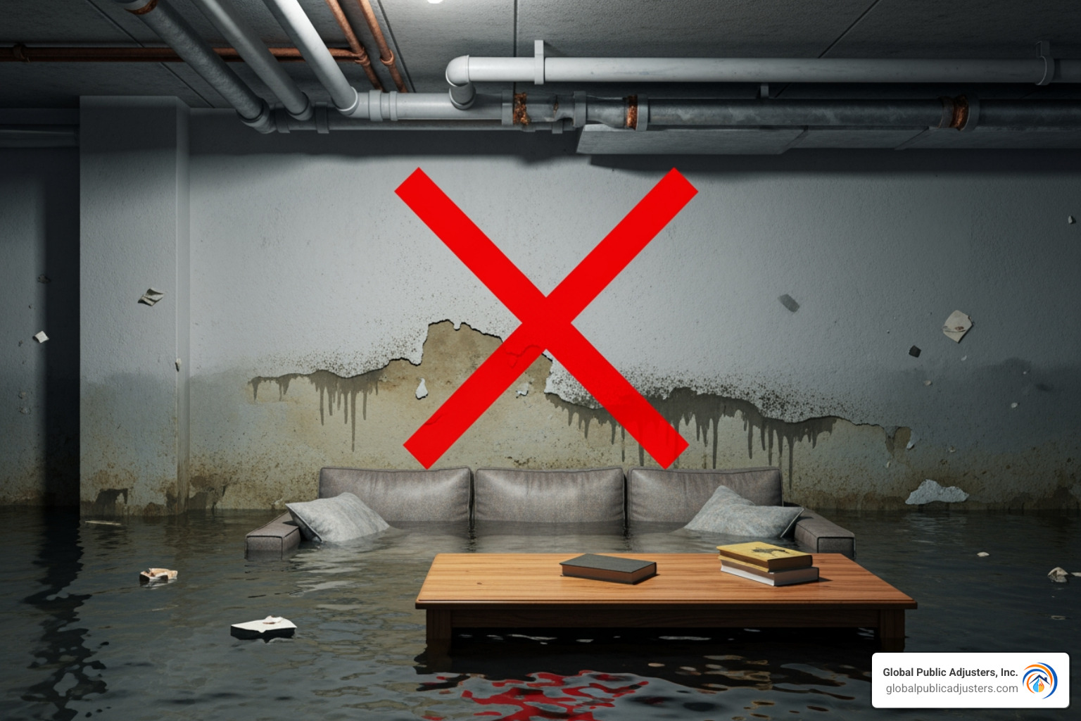 A basement with a red "X" over finished walls and furniture. - flood insurance claim Florida