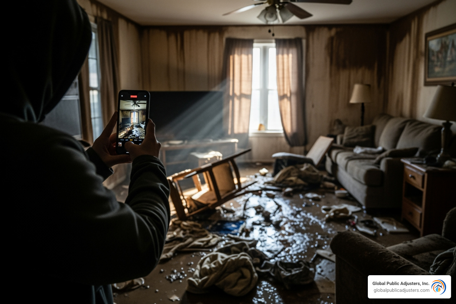 A person taking photos of flood damage inside their home with a smartphone. - flood insurance claim Florida