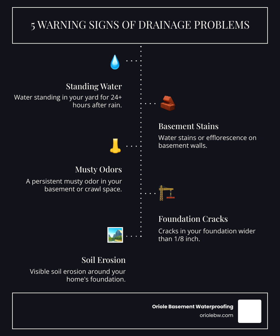 Infographic showing 5 warning signs of drainage problems: standing water in yard lasting 24+ hours after rain, water stains or efflorescence on basement walls, musty odor in basement or crawl space, cracks in foundation wider than 1/8 inch, and soil erosion around foundation - Baltimore drainage contractors infographic infographic-line-5-steps-dark