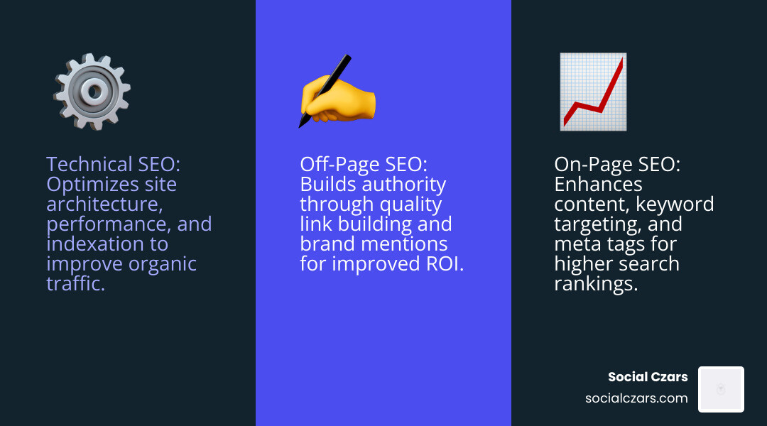 Comprehensive SEO Services: Three main pillars shown - Technical SEO (site architecture, performance, indexation), On-Page SEO (content optimization, keyword targeting, meta tags), and Off-Page SEO (link building, brand mentions, authority signals). Each pillar connects to measurable outcomes: increased organic traffic, higher search rankings, and improved ROI. - SEO expert Miami infographic 3_facts_emoji_blue