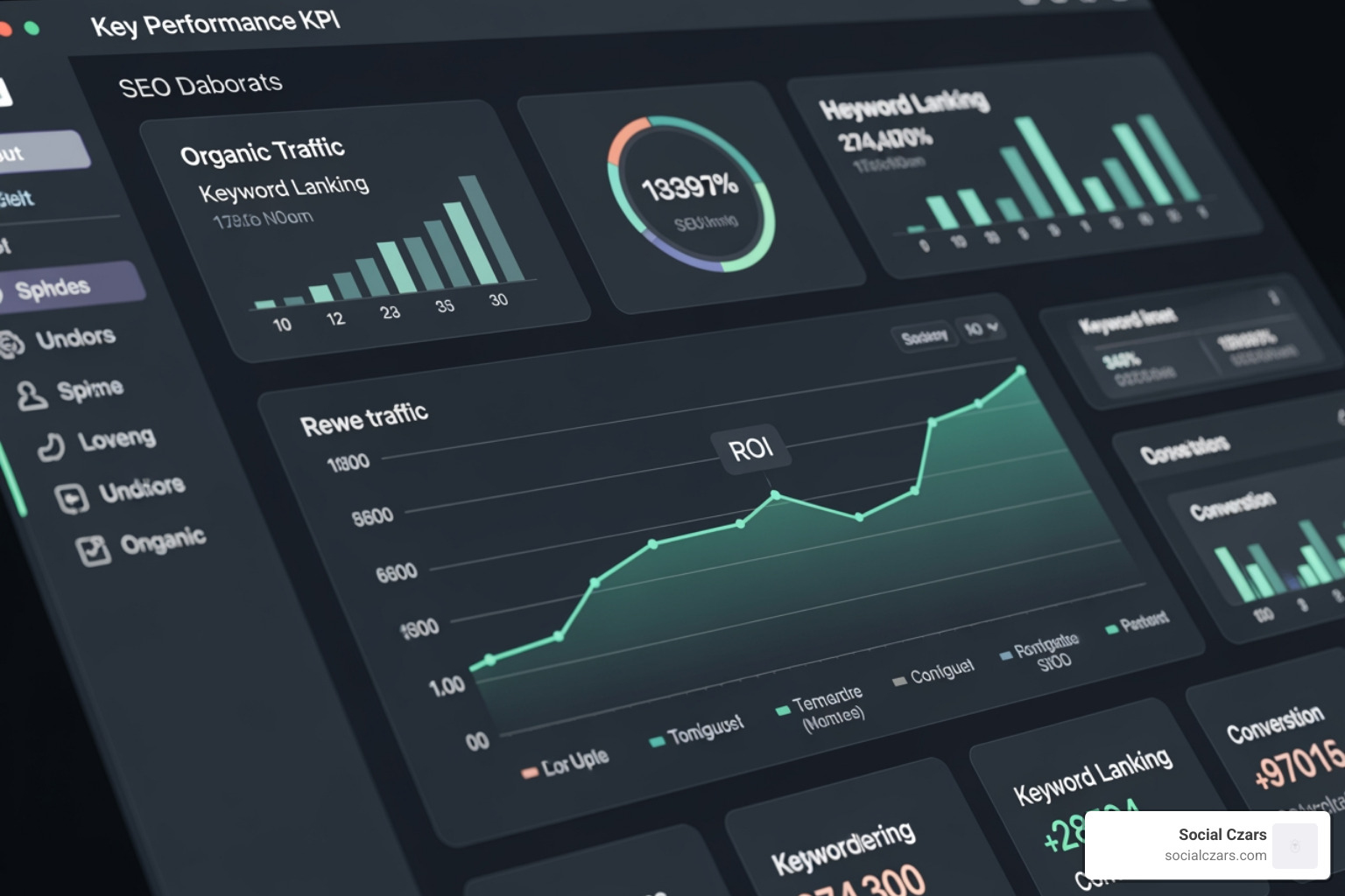 A detailed dashboard displaying key performance indicators (KPIs) such as organic traffic growth, keyword rankings, conversion rates, and a clear visualization of positive ROI over time. - SEO expert Miami