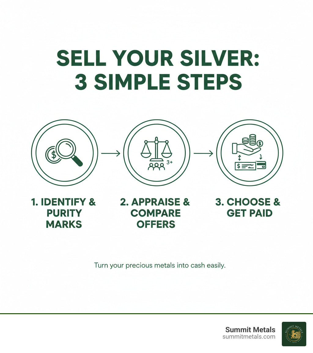 Step-by-step process to sell silver: 1. Identify your silver type and check purity marks, 2. Get your silver appraised by 3+ buyers and compare offers, 3. Choose the best offer and receive payment via cash, check, or bank transfer - Sell silver near me infographic 