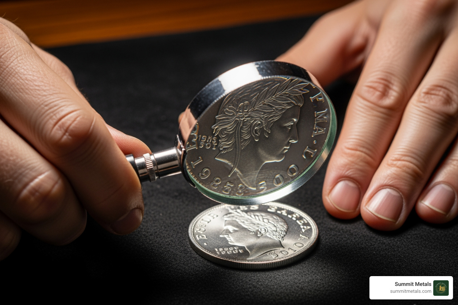 Person examining a silver coin with a magnifying glass - Sell silver near me