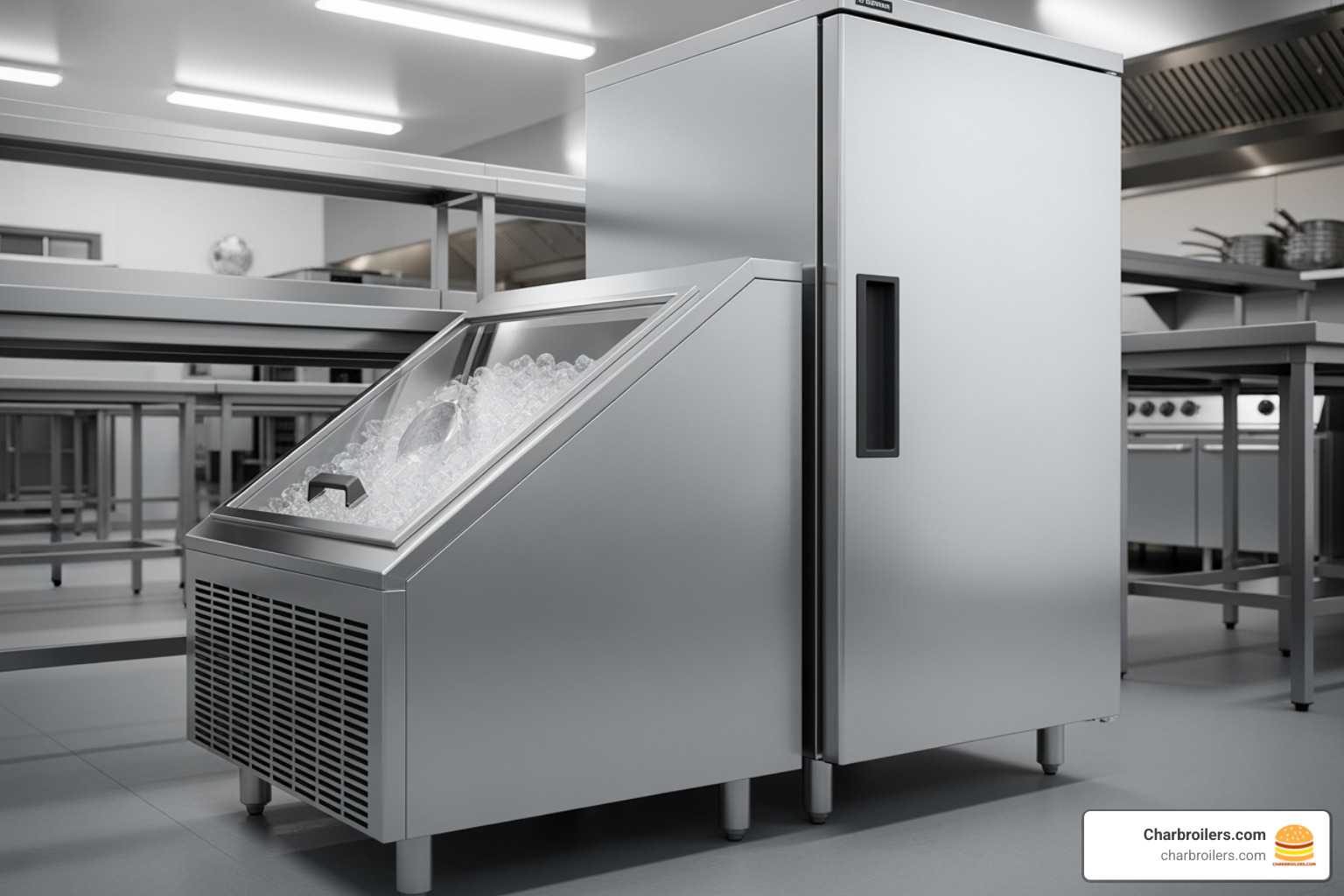 sloped front bin next to upright bin - commercial ice storage bin