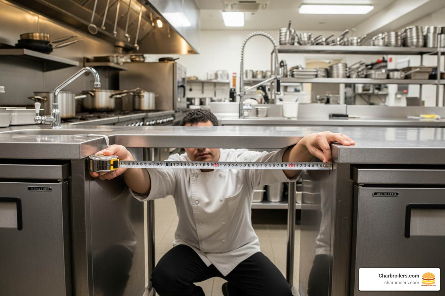 person measuring space for ice bin - commercial ice storage bin