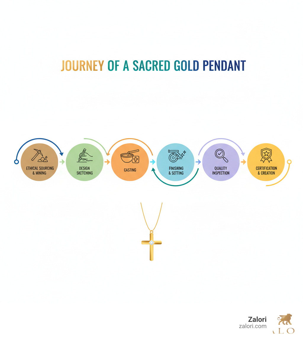 Infographic showing the journey of a religious gold pendant from raw gold sourcing and ethical mining, through design sketching and casting, to finishing processes like polishing or diamond setting, and finally quality inspection and certification - religious gold pendants infographic Infographic showing the journey of a religious gold pendant from raw gold sourcing and ethical mining, through design sketching and casting, to finishing processes like polishing or diamond setting, and finally quality inspection and certification - religious gold pendants infographic