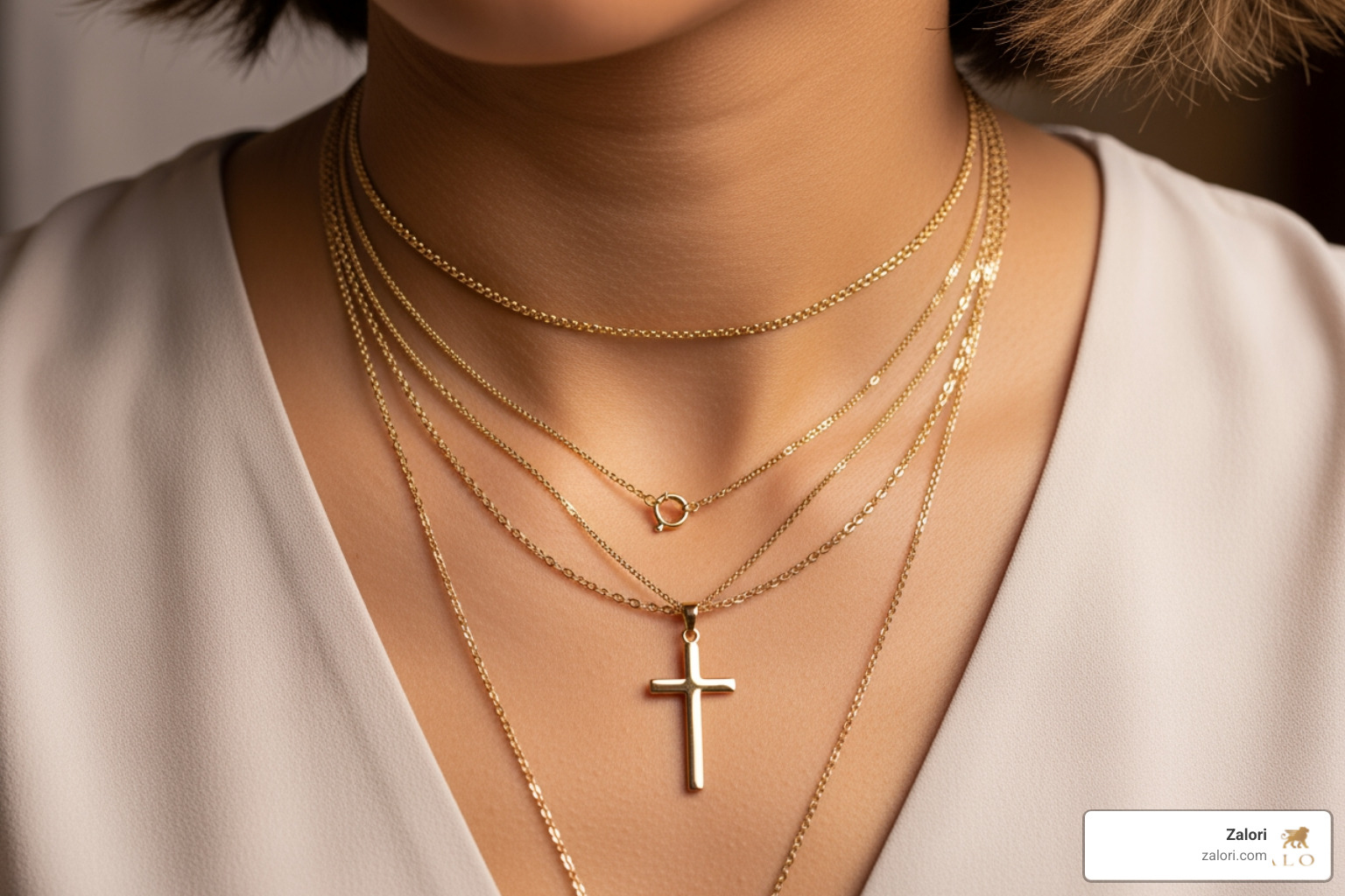 Person layering a small gold cross pendant with other necklaces - religious gold pendants Person layering a small gold cross pendant with other necklaces - religious gold pendants
