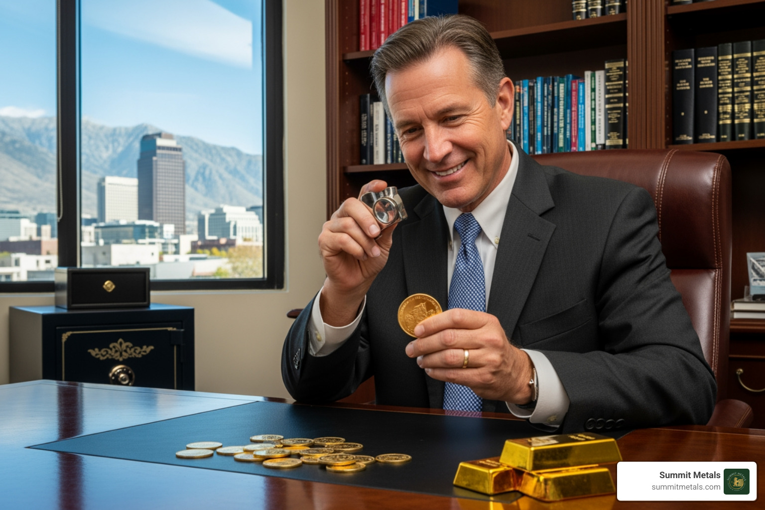 Variety of gold products including coins, bars, and jewelry on a scale - Salt Lake City gold dealer