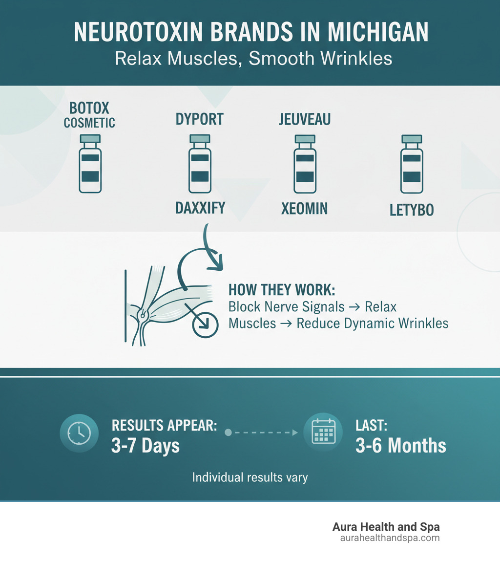 infographic showing the six major neurotoxin brands available in Michigan including Botox Cosmetic, Dysport, Jeuveau, Daxxify, Xeomin and Letybo, with details on how they work by blocking nerve signals to relax muscles and reduce dynamic wrinkles, plus timeline showing results appear in 3-7 days and last 3-6 months - botox michigan infographic 