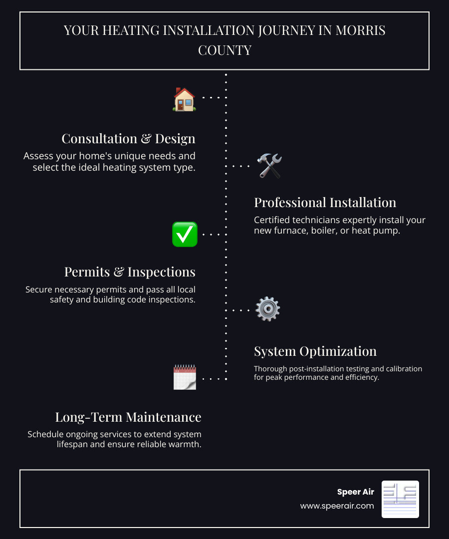 Infographic showing the heating installation process in Morris County: consultation and home assessment, system selection based on home size and fuel type, professional installation by certified technicians, permit acquisition and safety inspections, post-installation testing and calibration, and ongoing maintenance scheduling - heating installation morris county infographic infographic-line-5-steps-dark Infographic showing the heating installation process in Morris County: consultation and home assessment, system selection based on home size and fuel type, professional installation by certified technicians, permit acquisition and safety inspections, post-installation testing and calibration, and ongoing maintenance scheduling - heating installation morris county infographic infographic-line-5-steps-dark