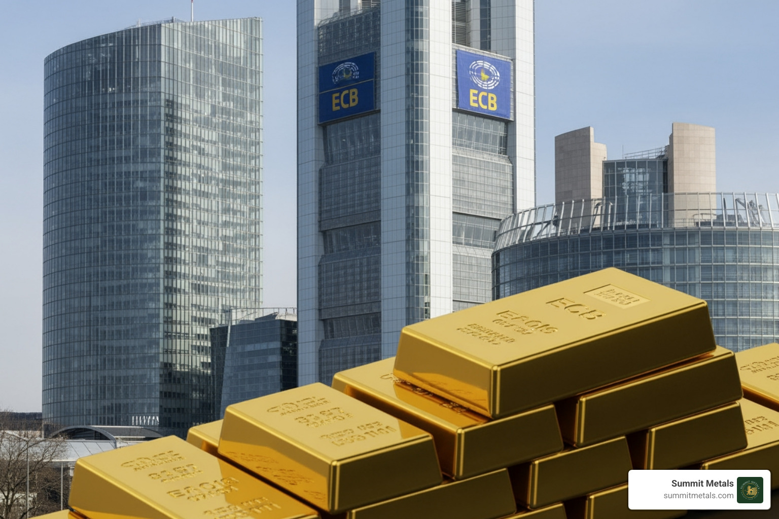 European Central Bank building and gold bars - eur gold chart European Central Bank building and gold bars - eur gold chart