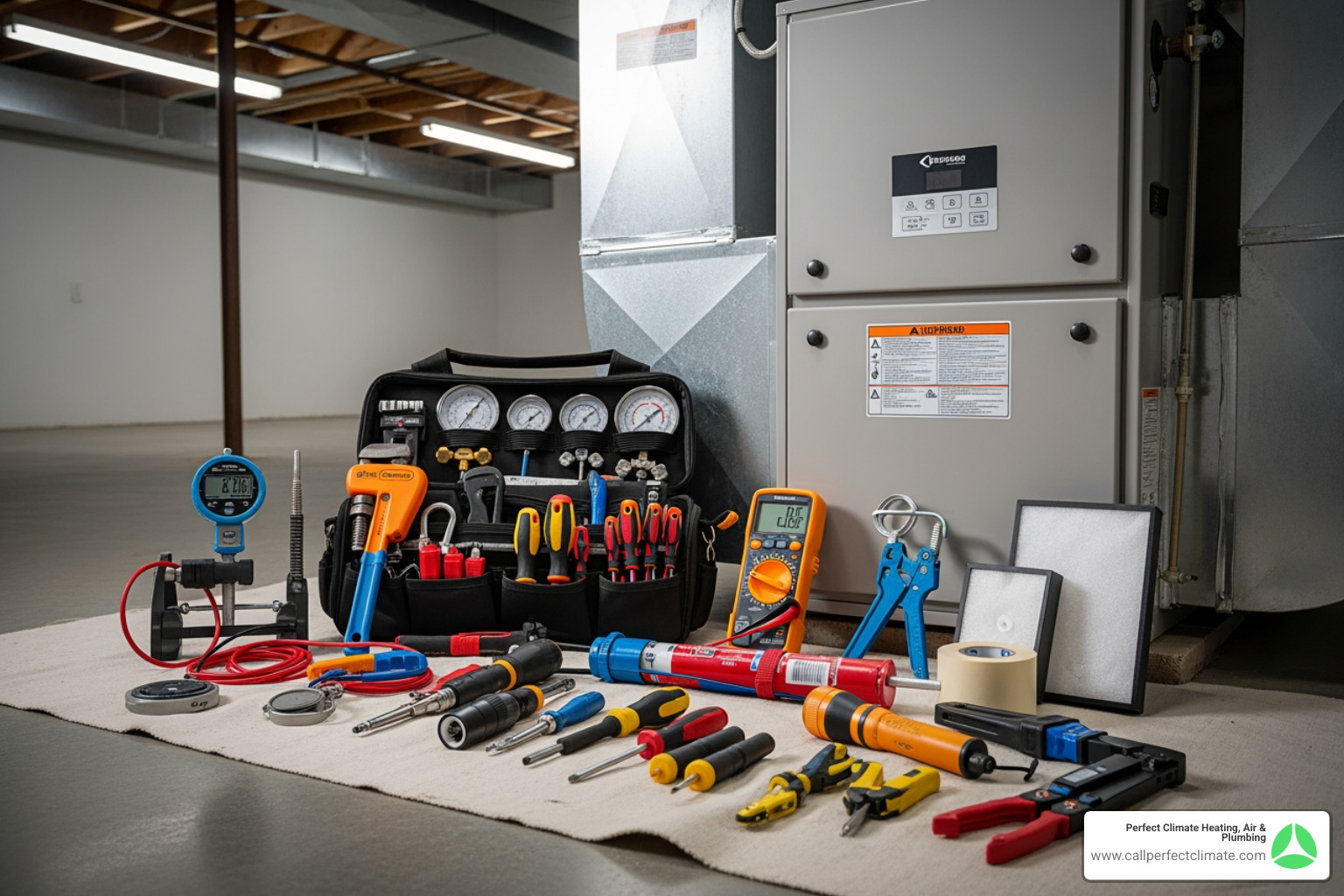 technician's toolkit next to a clean furnace unit - heating maintenance in princeton in