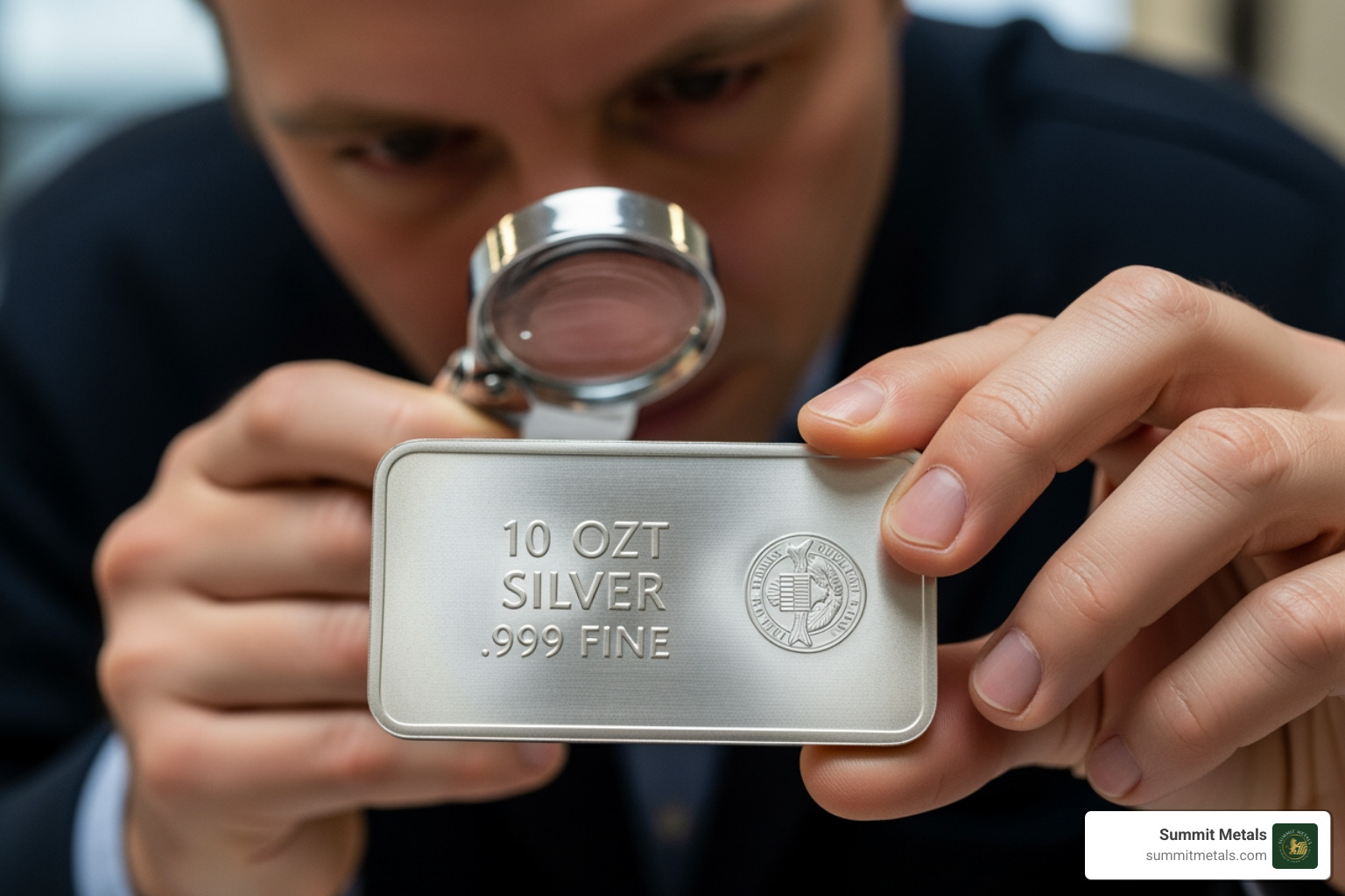 person examining details on 10 oz silver bar - Silver spot price Utah