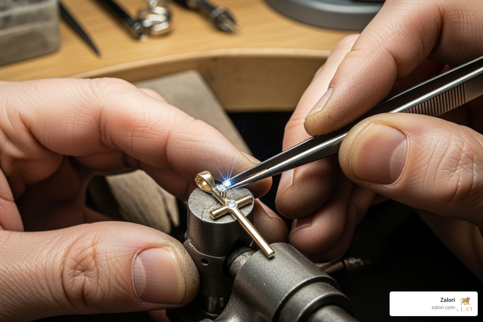 a jeweler carefully setting a stone in a cross pendant - cross pendants a jeweler carefully setting a stone in a cross pendant - cross pendants