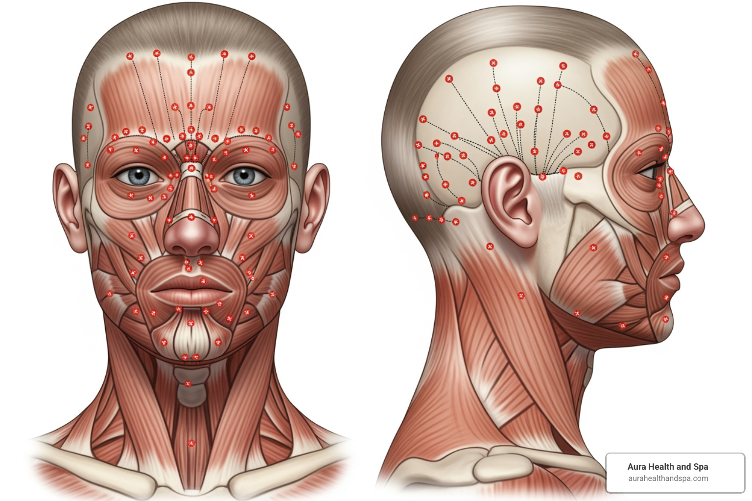 illustration of 31 PREEMPT injection sites for chronic migraine - botox migraine