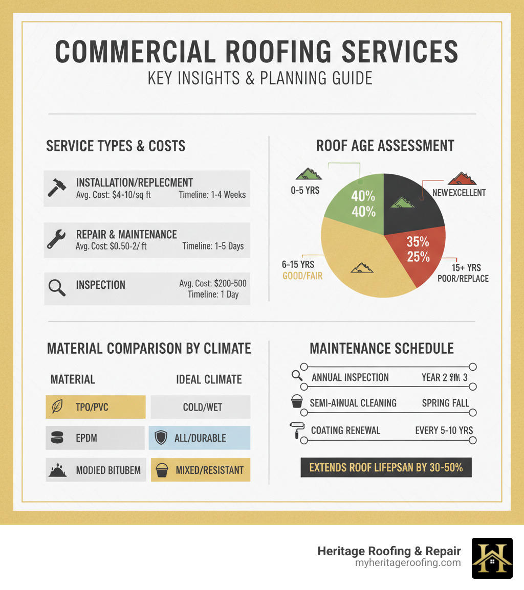 Infographic showing commercial roofing service types with average costs, typical timelines, and key decision factors including roof age assessment chart, material comparison by climate zone, and maintenance schedule recommendations for extending roof lifespan - commercial roofing services infographic Infographic showing commercial roofing service types with average costs, typical timelines, and key decision factors including roof age assessment chart, material comparison by climate zone, and maintenance schedule recommendations for extending roof lifespan - commercial roofing services infographic