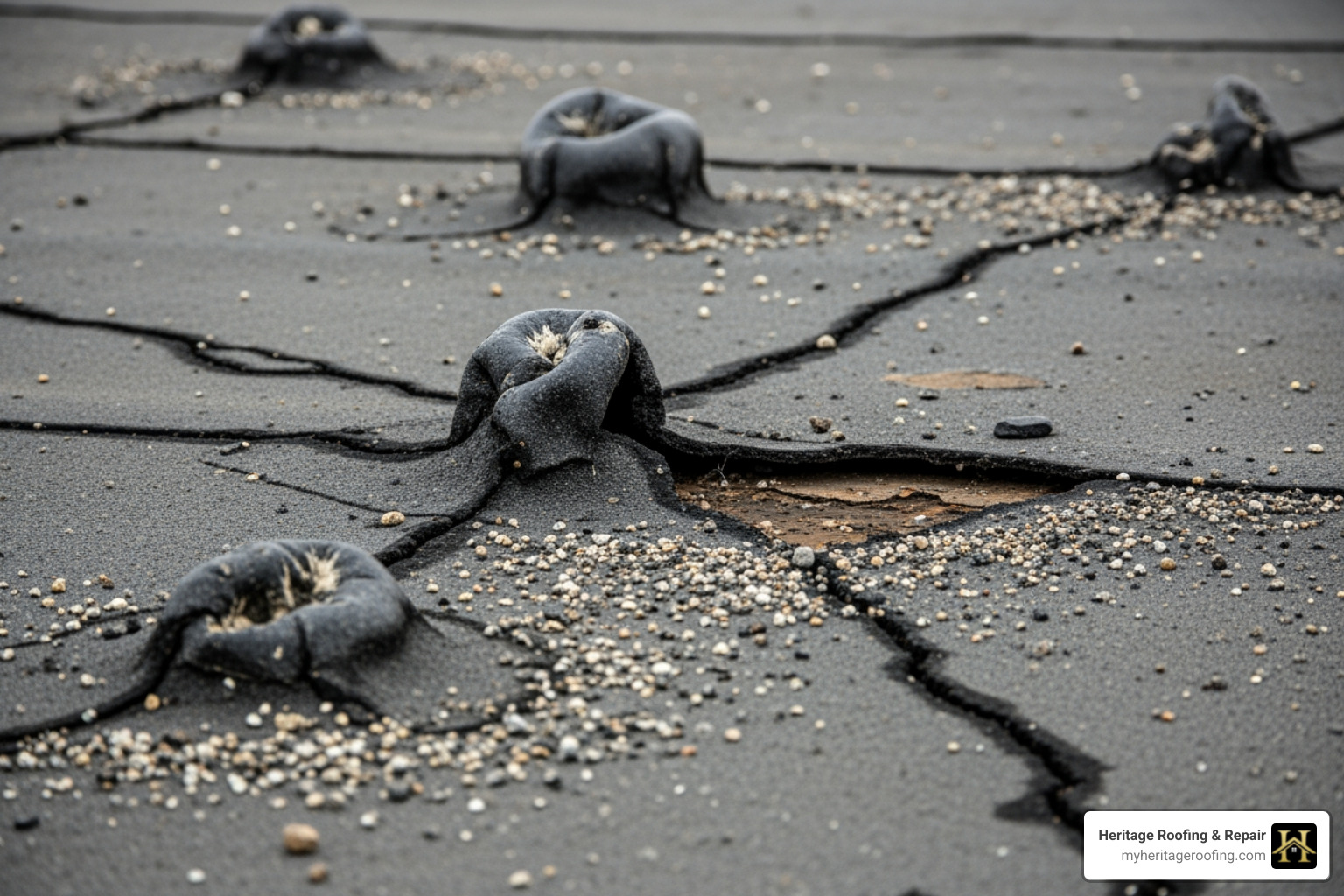 image of a damaged commercial roof showing blisters and cracks in the membrane - commercial roofing services image of a damaged commercial roof showing blisters and cracks in the membrane - commercial roofing services