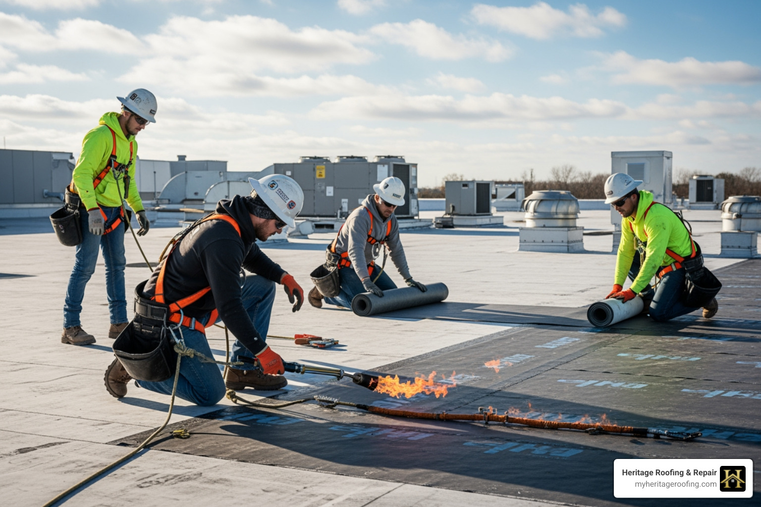 image of a professional roofing crew working safely with proper harnesses and equipment - commercial roofing services image of a professional roofing crew working safely with proper harnesses and equipment - commercial roofing services