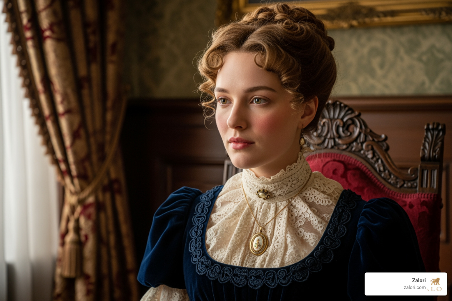 A historical lady from the Victorian era wearing a locket necklace - 10kt white gold mourning locket pendant with religious dove