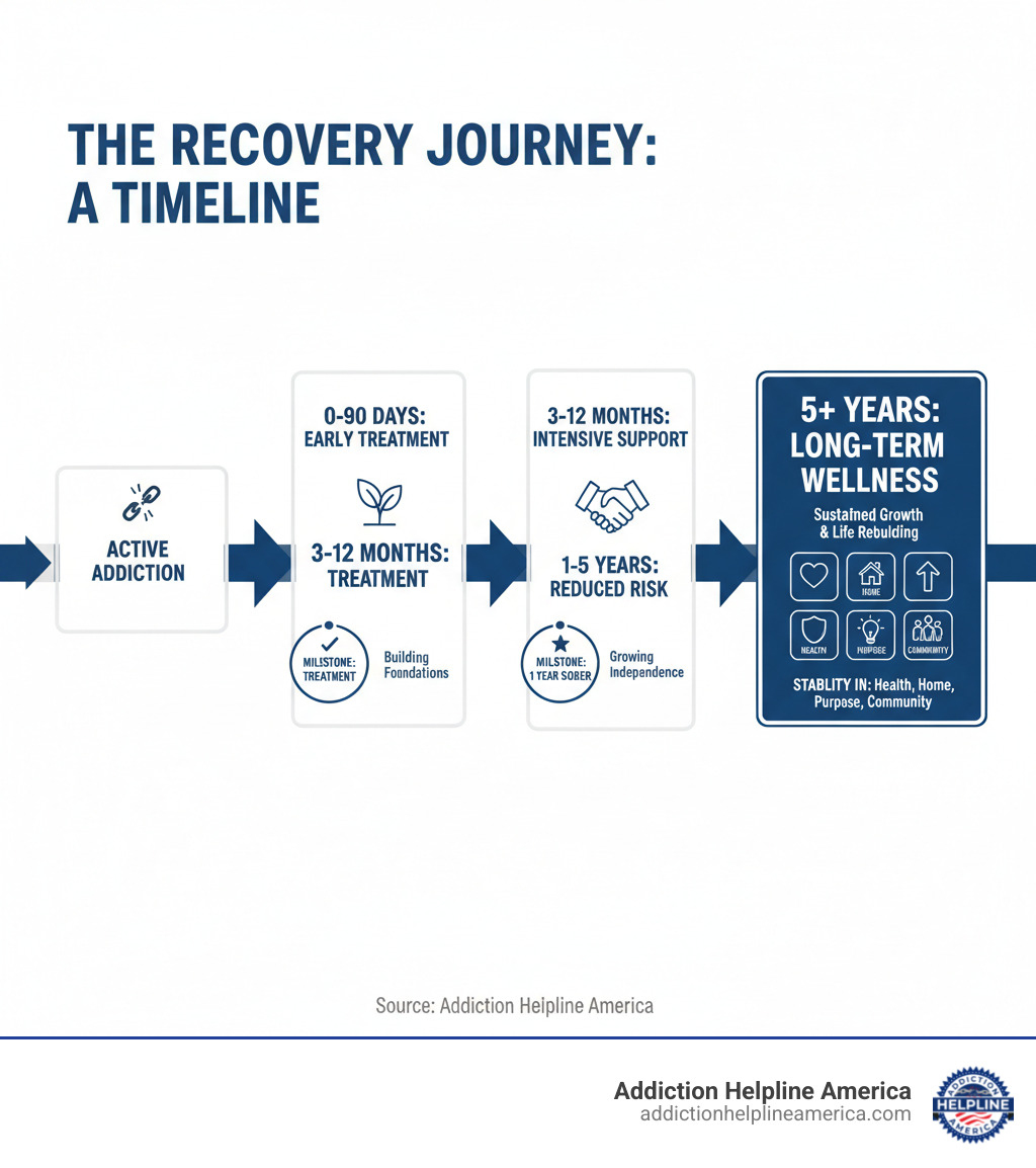 Infographic showing the progression from active addiction through detox and early treatment (0-90 days), early recovery with intensive support (3-12 months), middle recovery with reduced relapse risk (1-5 years), to long term recovery with sustained wellness and life rebuilding (5+ years), highlighting key milestones like completing treatment, one year of sobriety, five years clean, and achieving stability in health, home,purpose, and community - long term recovery infographic Infographic showing the progression from active addiction through detox and early treatment (0-90 days), early recovery with intensive support (3-12 months), middle recovery with reduced relapse risk (1-5 years), to long term recovery with sustained wellness and life rebuilding (5+ years), highlighting key milestones like completing treatment, one year of sobriety, five years clean, and achieving stability in health, home,purpose, and community - long term recovery infographic