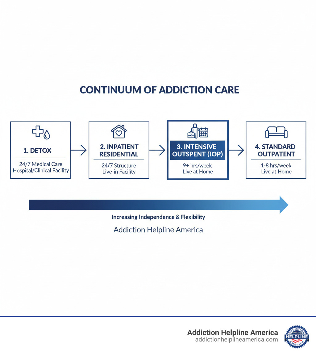 infographic showing the continuum of addiction care from detox through inpatient residential treatment to intensive outpatient programs to standard outpatient therapy with hours per week and living situation for each level - intensive outpatient treatment infographic 