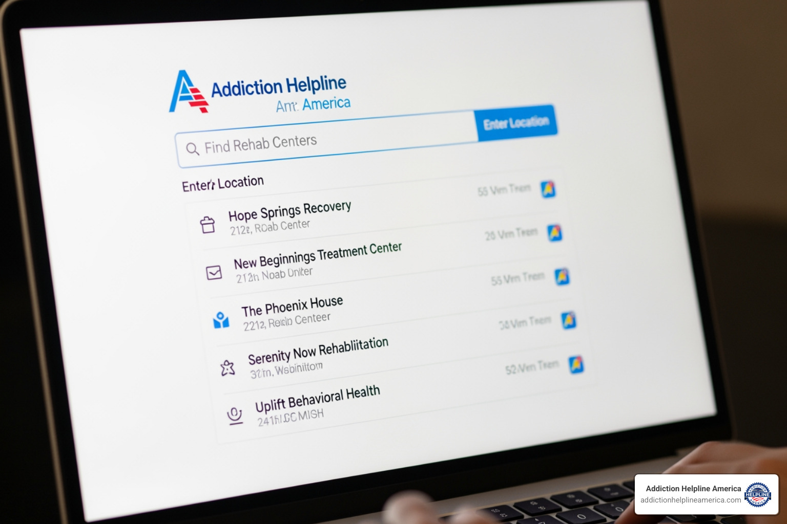 A laptop screen displaying the Addiction Helpline America website with a search bar and results for local rehab centers. - free drug rehab centers near me A laptop screen displaying the Addiction Helpline America website with a search bar and results for local rehab centers. - free drug rehab centers near me