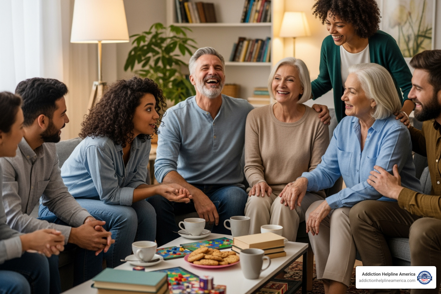 group of friends of different ages laughing together - long term recovery group of friends of different ages laughing together - long term recovery