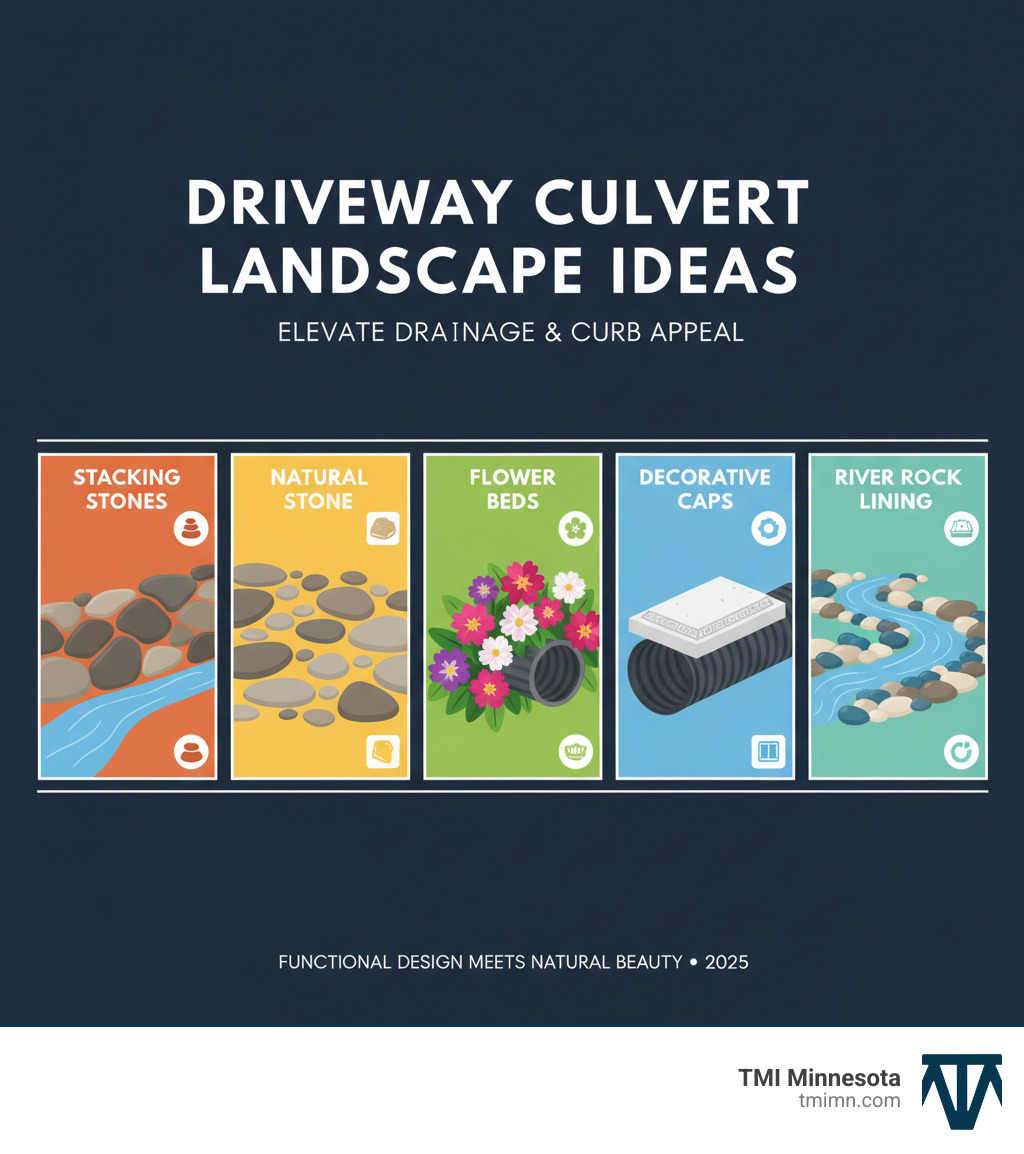 Infographic detailing various driveway culvert landscape ideas, showing materials like stone, plants, and decorative elements to enhance drainage and curb appeal - driveway culvert landscape ideas infographic 