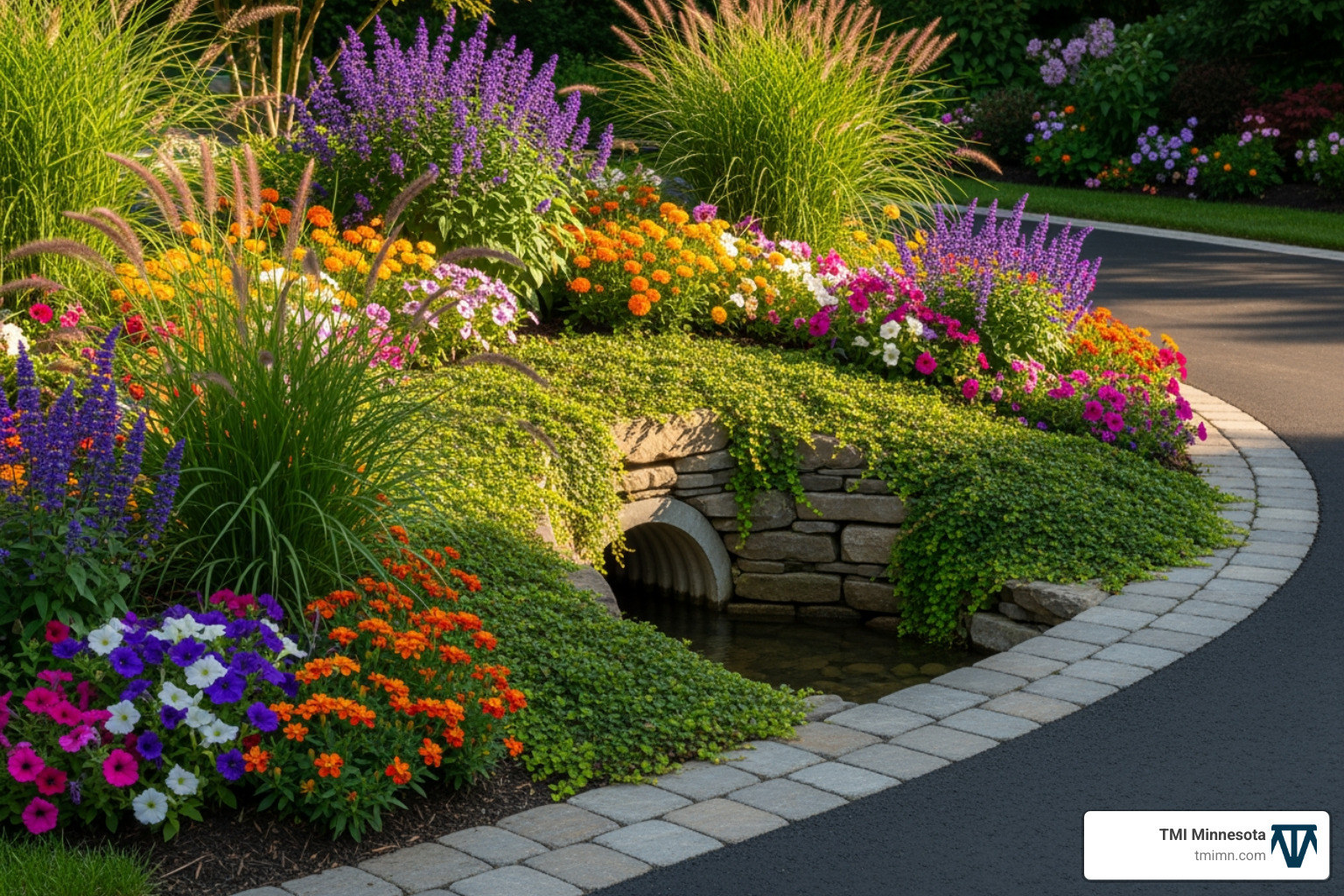 culvert with lush flower beds and ornamental grasses - driveway culvert landscape ideas