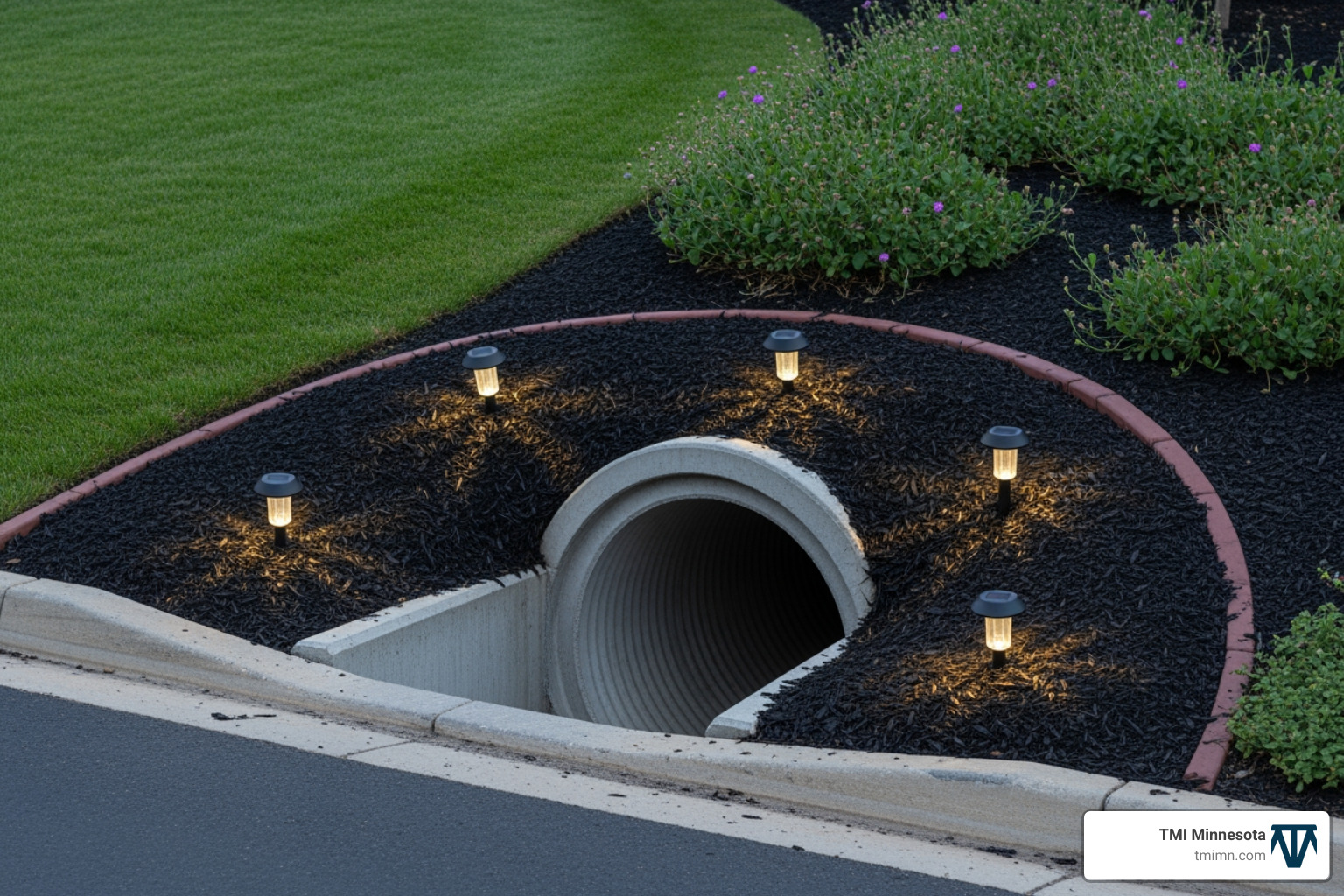 simple culvert with a clean mulch border and solar lights - driveway culvert landscape ideas