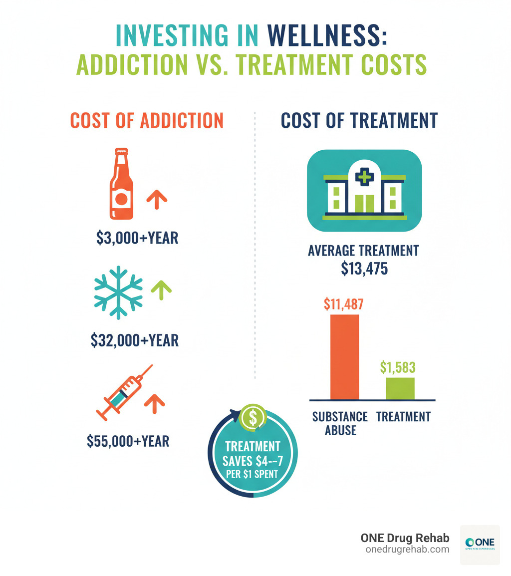 Infographic comparing annual cost of addiction versus cost of treatment, showing alcohol ($3,000+/year), cocaine ($32,000+/year), heroin ($55,000+/year) compared to average treatment cost ($13,475) and average annual cost of substance abuse ($11,487) versus treatment ($1,583), with notation that treatment saves $4-$7 per dollar spent - Cost of rehab infographic 