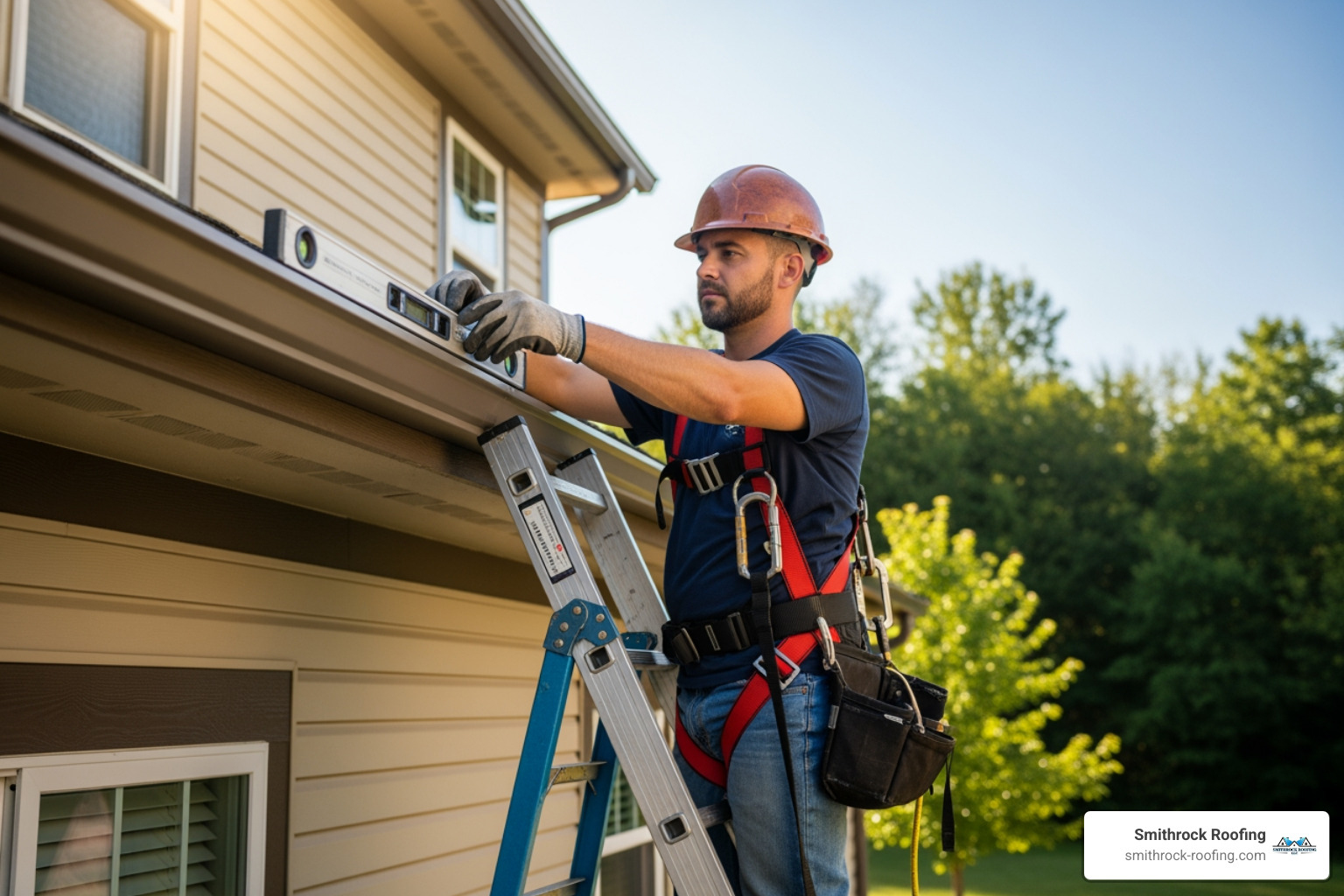 Professional installer ensuring the correct pitch on a seamless gutter - cost of guttering replacement