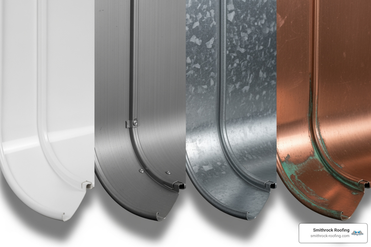 Collage showing vinyl, aluminum, steel, and copper gutters - cost of guttering replacement