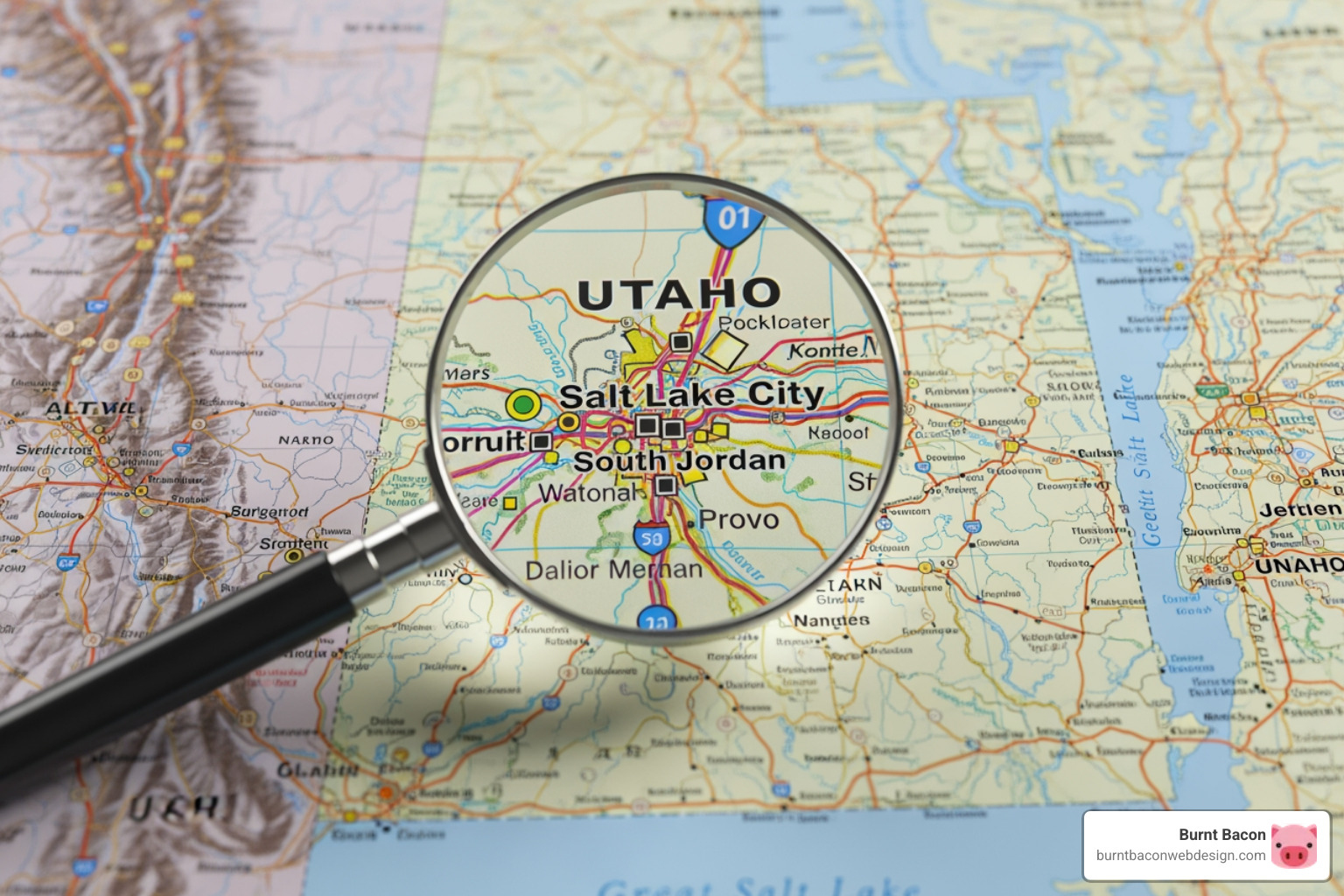 of a magnifying glass over a map of Utah highlighting major cities - on-page seo utah