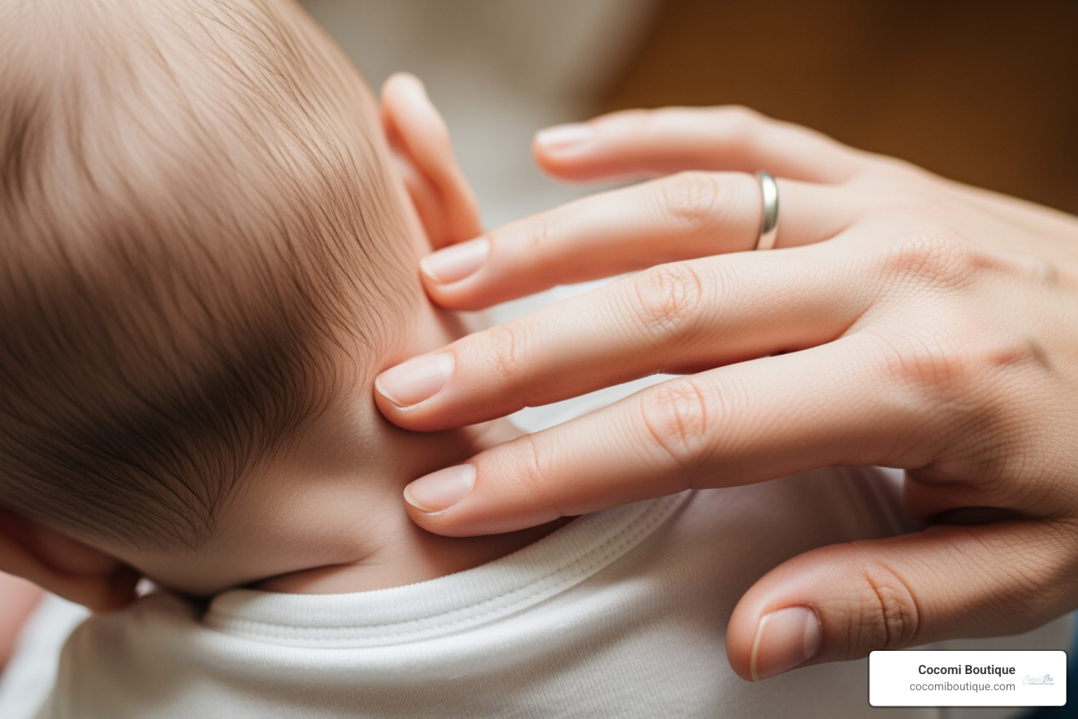 parent gently feeling the back of their baby's neck - how to dress baby under footmuff