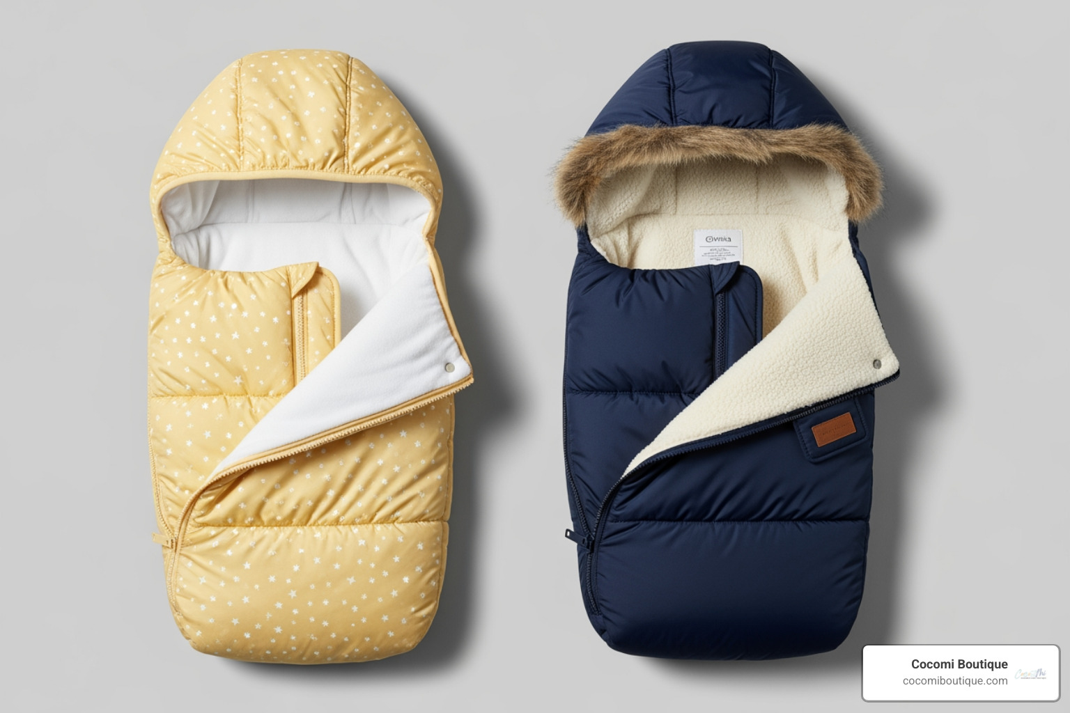 lightweight spring footmuff next to a thick, fleece-lined winter footmuff - how to dress baby under footmuff