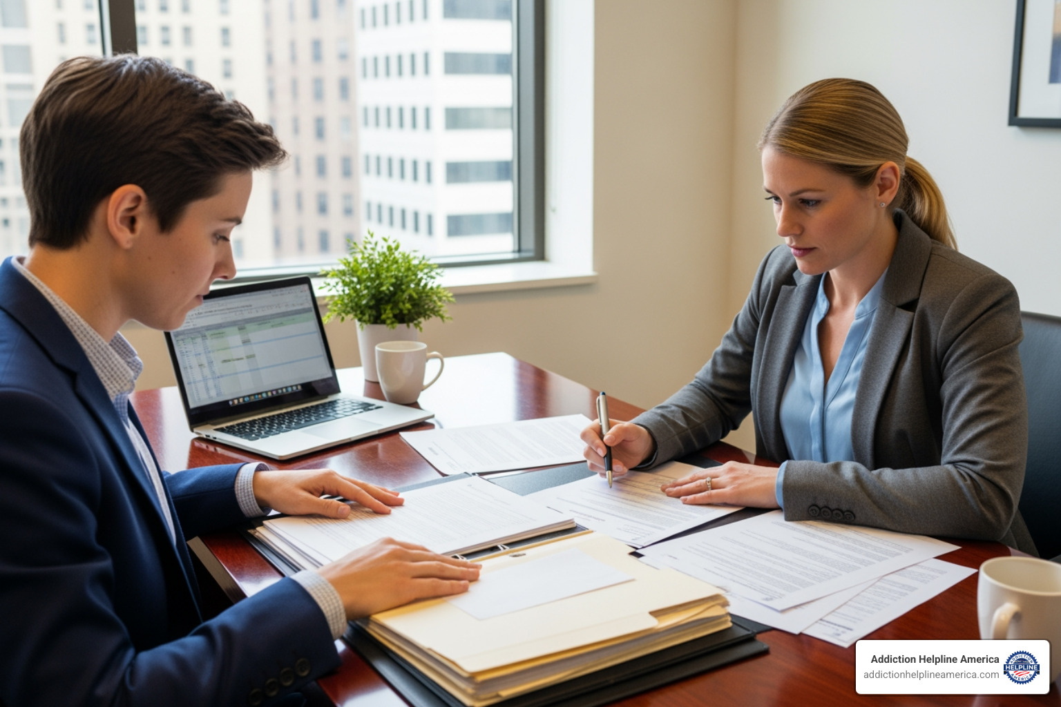 Person reviewing paperwork with a financial counselor - partial hospitalization programs Person reviewing paperwork with a financial counselor - partial hospitalization programs