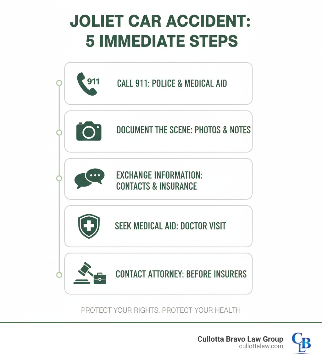 infographic showing 5 immediate steps after a Joliet car accident: call 911, document the scene with photos, exchange information with all parties, seek medical evaluation immediately, and contact an attorney before speaking with insurance adjusters - automobile accidents attorneys joliet il infographic 