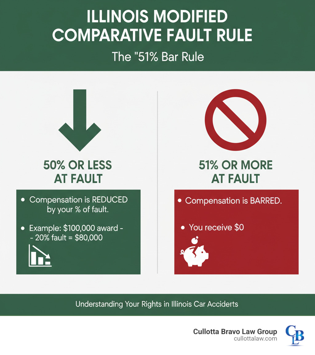 infographic explaining Illinois's 51% modified comparative fault rule, showing how compensation is reduced by your percentage of fault up to 50%, and barred if 51% or more - automobile accidents attorneys joliet il infographic 