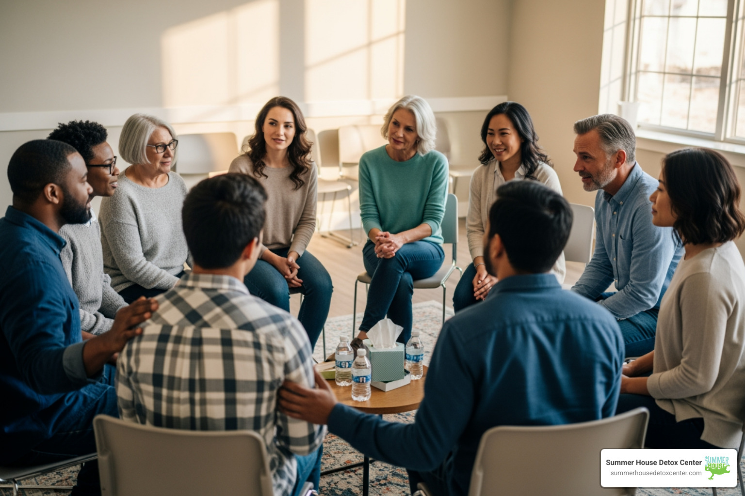 Diverse group of people attending a support meeting, offering mutual encouragement - alcohol addiction and withdrawal