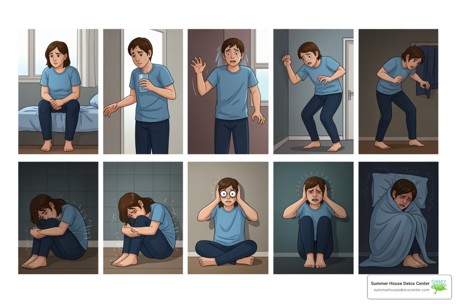Illustration showing the progression of alcohol withdrawal symptoms from mild to severe, including timelines for each stage - alcohol addiction and withdrawal