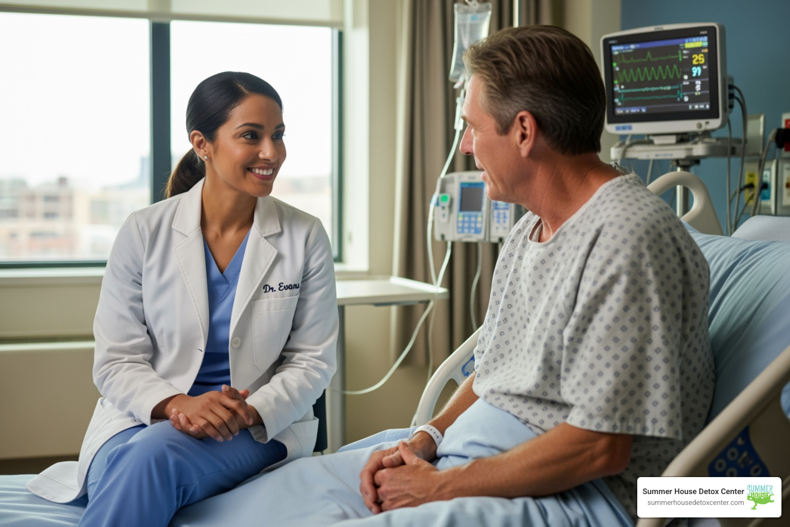 Compassionate medical professional talking with a patient about alcohol withdrawal symptoms - alcohol addiction and withdrawal