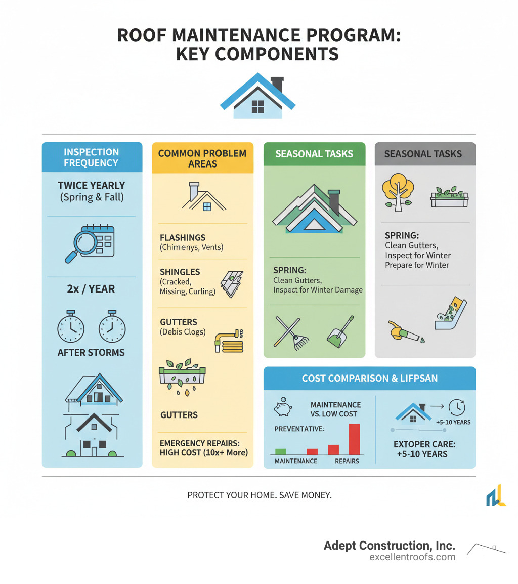 infographic showing the key components of a roofing maintenance program including inspection frequency, common problem areas like flashings and shingles, seasonal maintenance tasks, cost comparison of regular maintenance versus emergency repairs, and typical roof lifespan extension from proper maintenance - roofing maintenance infographic infographic showing the key components of a roofing maintenance program including inspection frequency, common problem areas like flashings and shingles, seasonal maintenance tasks, cost comparison of regular maintenance versus emergency repairs, and typical roof lifespan extension from proper maintenance - roofing maintenance infographic