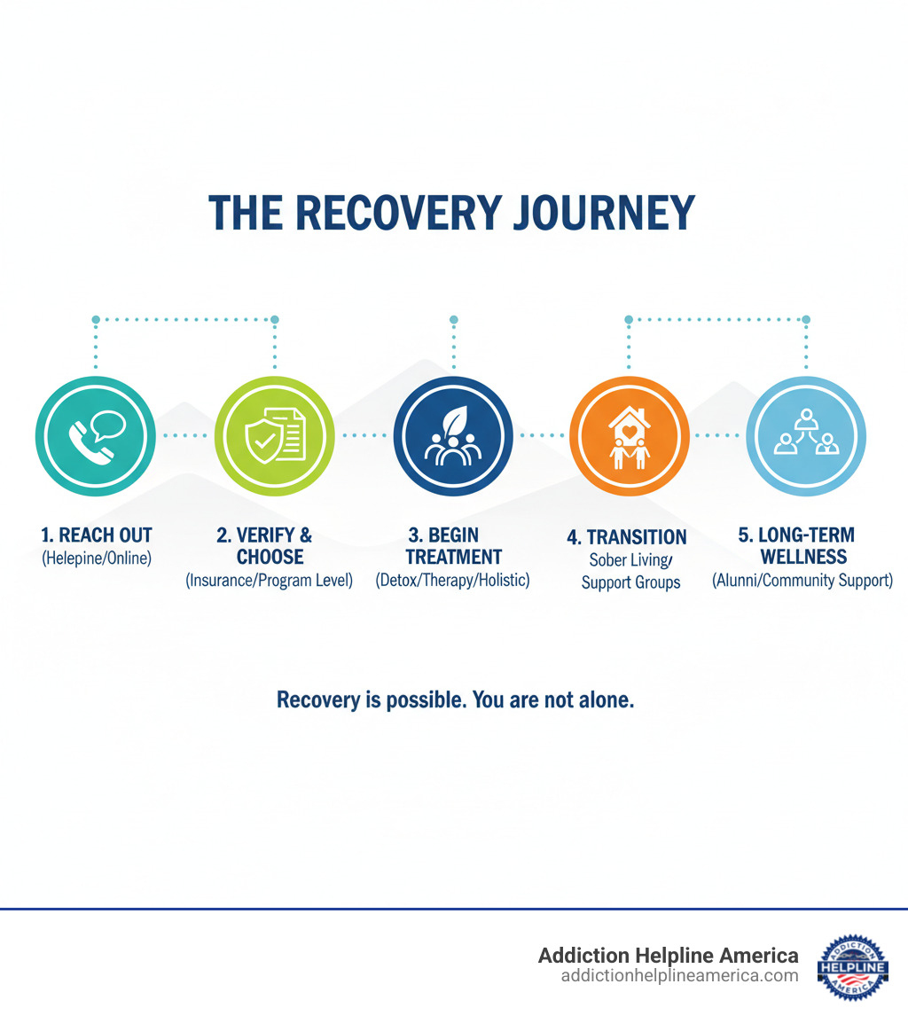 Infographic showing the recovery journey: 1) Reach out for help via helpline or online, 2) Verify insurance coverage and choose a program level, 3) Complete admissions and begin treatment (detox, therapy, holistic care), 4) Transition to aftercare with sober living and support groups, 5) Maintain long-term recovery through alumni programs and community support - drug rehab centers in asheville north carolina infographic Infographic showing the recovery journey: 1) Reach out for help via helpline or online, 2) Verify insurance coverage and choose a program level, 3) Complete admissions and begin treatment (detox, therapy, holistic care), 4) Transition to aftercare with sober living and support groups, 5) Maintain long-term recovery through alumni programs and community support - drug rehab centers in asheville north carolina infographic
