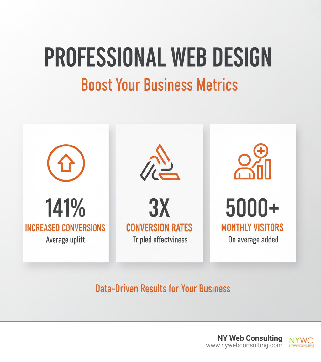 Infographic showing how professional web design increases conversions by 141%, triples conversion rates, and adds 5000+ monthly visitors on average - website design company queens ny infographic Infographic showing how professional web design increases conversions by 141%, triples conversion rates, and adds 5000+ monthly visitors on average - website design company queens ny infographic