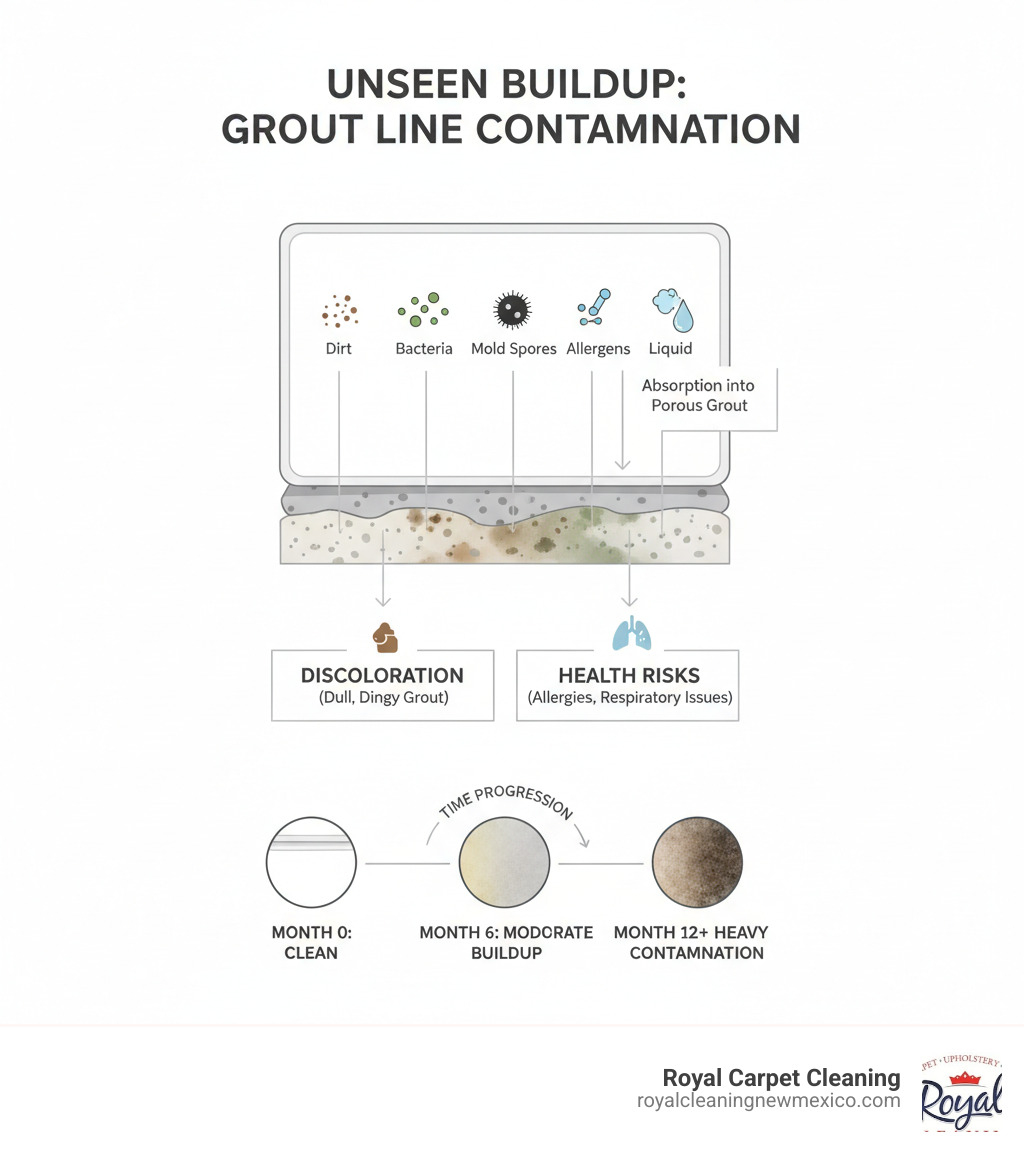 Infographic showing how dirt, bacteria, mold spores, allergens, and liquid detergents accumulate in grout lines over time, with arrows indicating absorption into porous grout, leading to discoloration and health risks, plus a timeline showing buildup progression from clean grout to heavily stained grout over months - tile cleaning Albuquerque NM infographic 