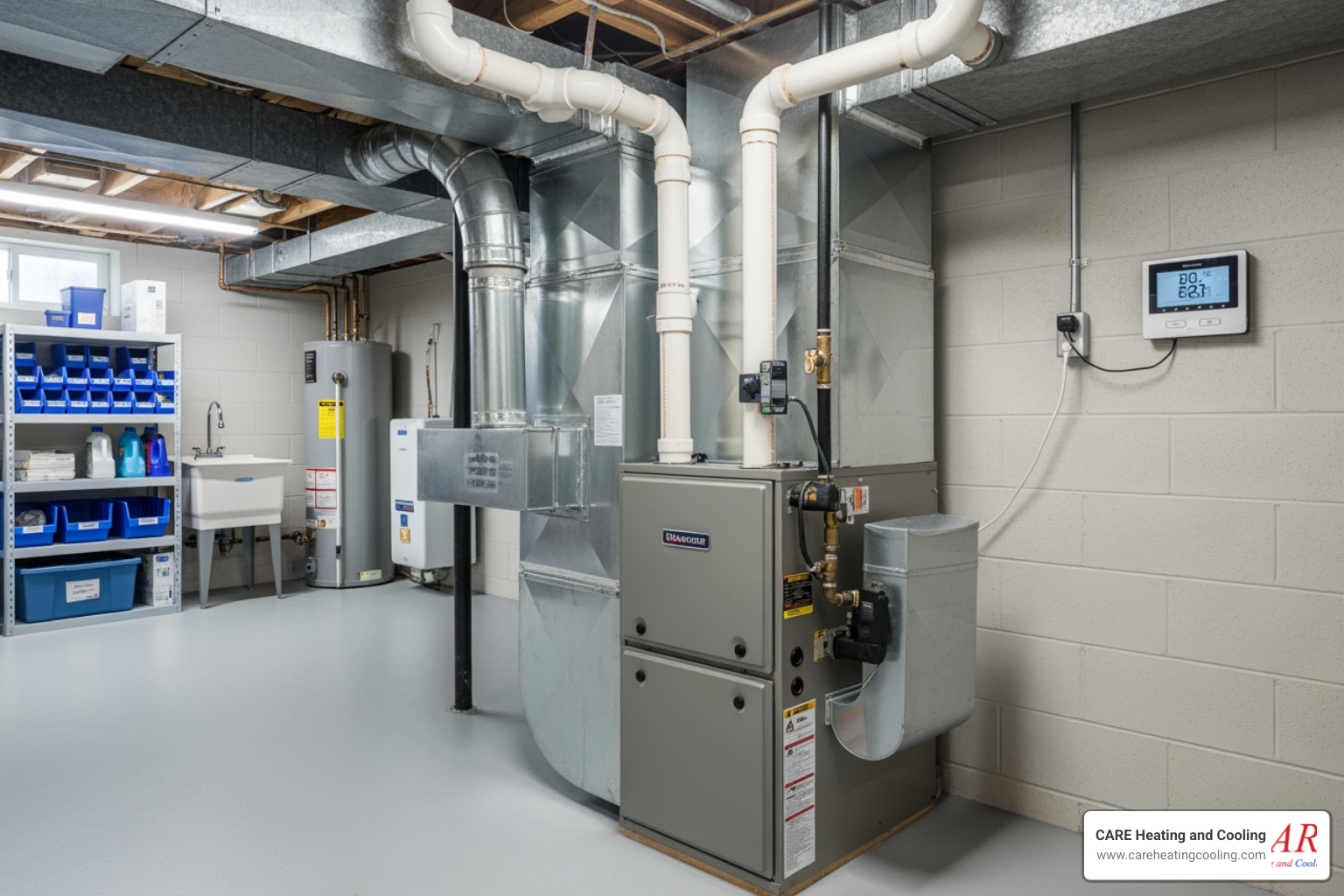 Modern high-efficiency furnace installed in a clean basement - furnace contractors westerville Modern high-efficiency furnace installed in a clean basement - furnace contractors westerville