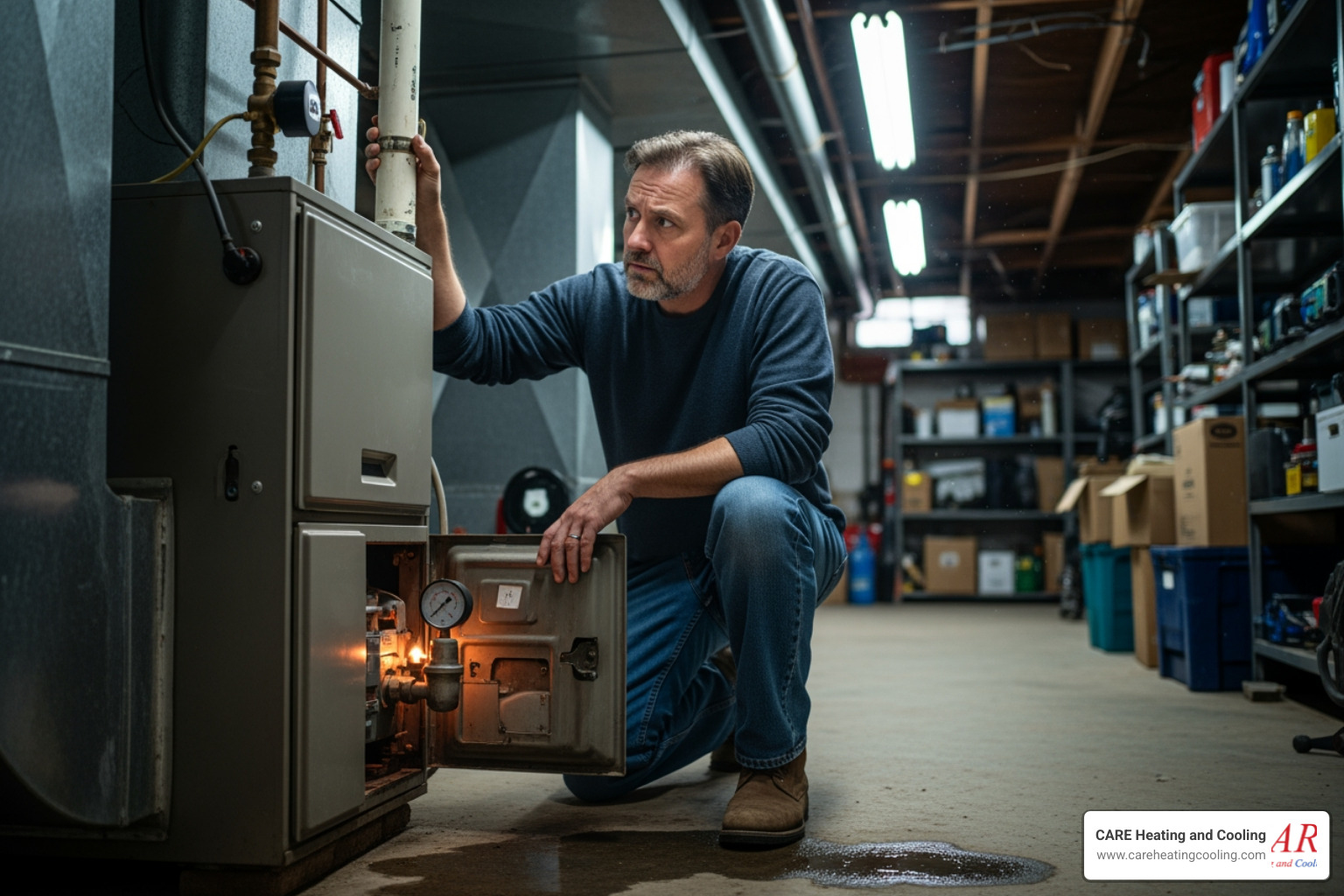 Homeowner looking concerned at their furnace - furnace contractors westerville Homeowner looking concerned at their furnace - furnace contractors westerville